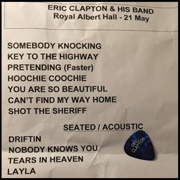 Clapton Set List 21 May & Guitar Pick (Courtesy: Sjoerd Reijans)